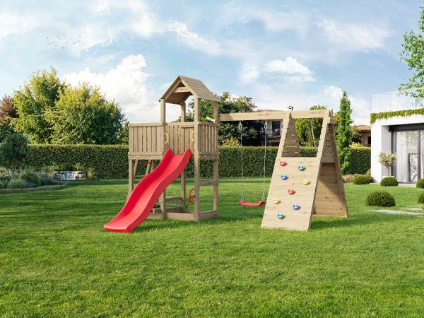 Holzspielturm inkl. Einzelschaukel + Rutsche 
