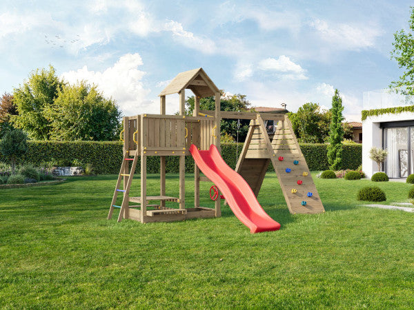 Holzspielturm inkl. Einzelschaukel + Rutsche 