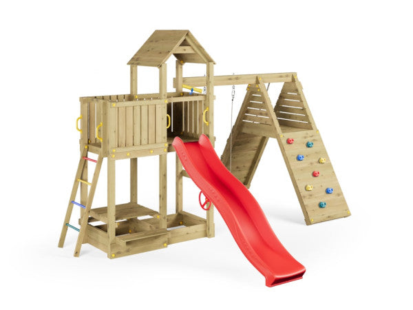 Houten speeltoren incl. enkele schommel + glijbaan