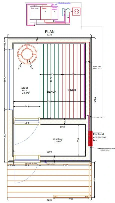 Plug-and-Play-Sauna mit Elektroheizung | 2,2 x 3,2 m 