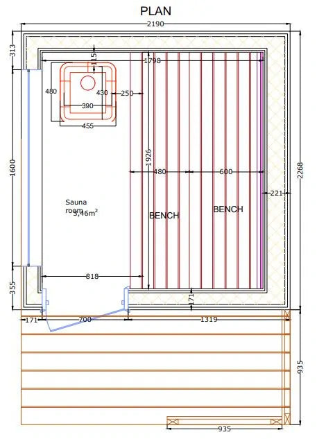 Plug-and-Play-Sauna mit Holzofen | 2,2 x 2,2 m