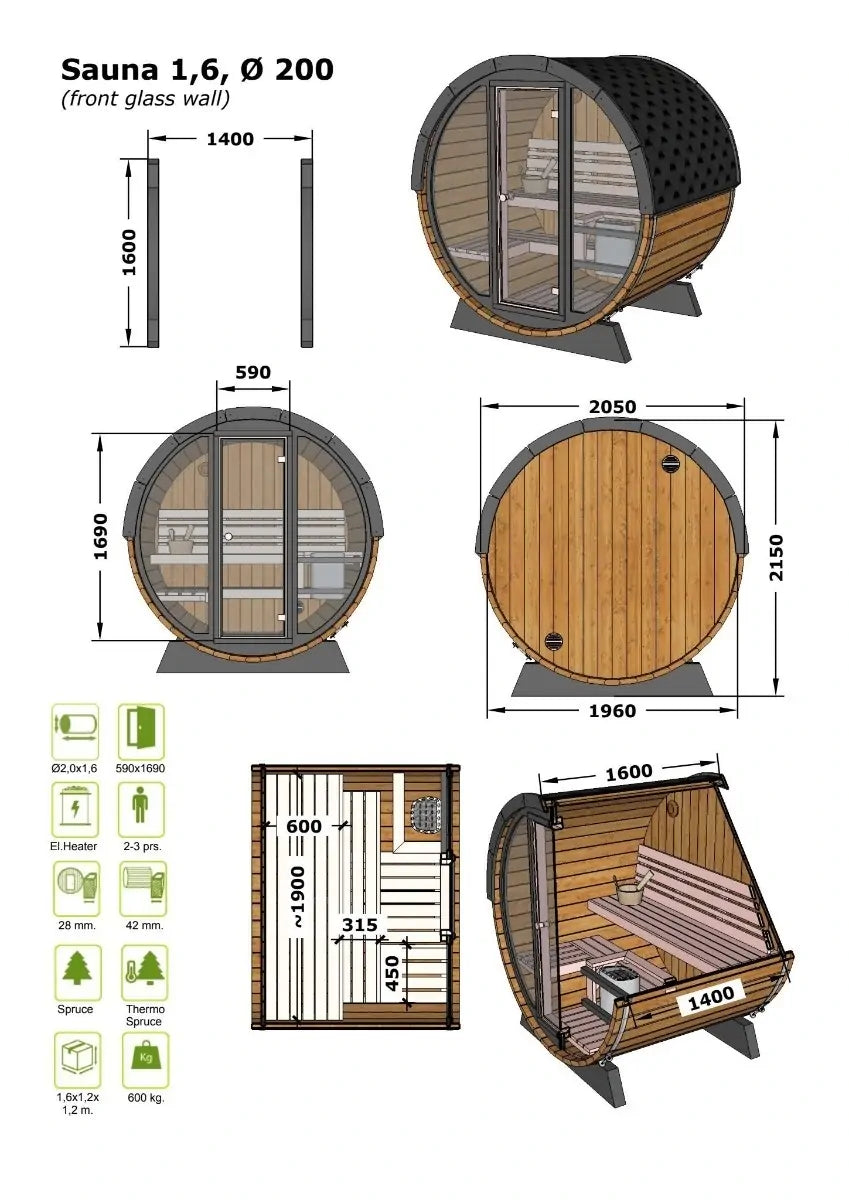 Barrel Sauna Leo | Ø 200 cm x 160 cm